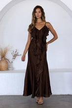 Load image into Gallery viewer, Storia Satin Ruffle V-Neck Dress in Brown
