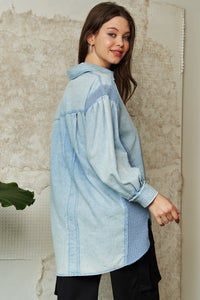 Davi & Dani Denim and Waffle Knit Button Down Top in Light Denim