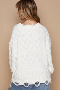 POL Solid Color Sweater with Weaved Fabric Details in Cream