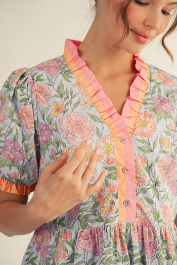 Jodifl Floral Tiered Dress with Solid Contrasting Details in Sky Blue