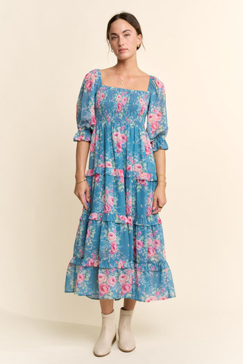 Davi & Dani Garden Floral Chiffon Midi Dress in Seafoam