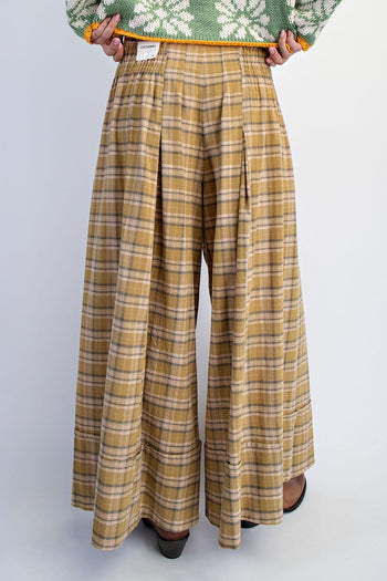 Cotierra Low Waisted Plaid Wide Leg Pants in Moss Green Checker