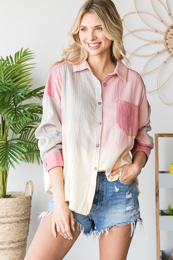 Oli & Hali Color Block Cotton Gauze Top in Pink Combo Shirts & Tops Oli & Hali   