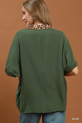 Umgee Leopard Trim Dolman Sleeve Blouse in Olive