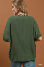 Load image into Gallery viewer, Umgee Leopard Trim Dolman Sleeve Blouse in Olive
