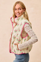 BiBi Quilted Floral Print Vest with Solid Color Piping Details in Cream/Pink