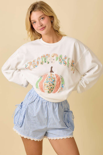Main Strip Mixed Print Pumpkin Patchwork Lightweight Sweatshirt in White