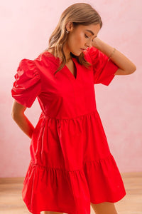 So Me Solid Color Tiered Dress in Red