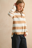 Miou Muse Soft Knit Striped Polo Top in Tan/White