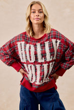 Load image into Gallery viewer, BiBi OVERSIZED Plaid Top with Sherpa Holly Jolly Patches in Red Plaid
