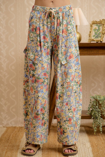 BiBi Floral Wide Leg Pull On Pants With Cargo Pockets in Floral Denim