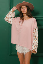 Load image into Gallery viewer, BiBi French Terry Pullover Top with Crochet Sleeves in Blush
