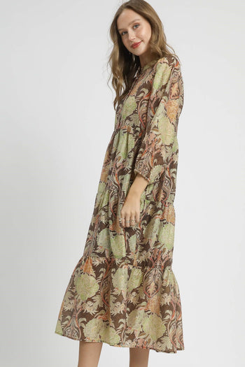 Umgee Lightweight Floral Print Midi Dress in Brown Mix