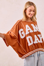 Load image into Gallery viewer, BiBi OVERSIZED French Terry Top with GAME DAY Letter Patchwork Front in Burnt Orange/White
