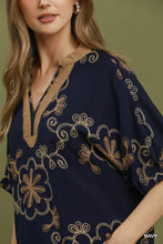 Load image into Gallery viewer, Umgee Floral Embroidered Split Neck Blouse in Navy
