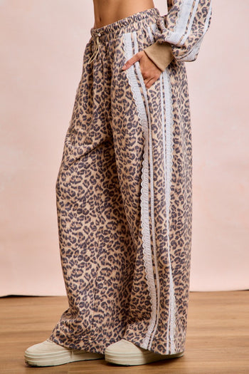 BiBi Leopard Print French Terry with Lace Side Pants in Leopard