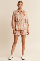 J.nna Plaid Pattern Front Zip Closure Top in Orange