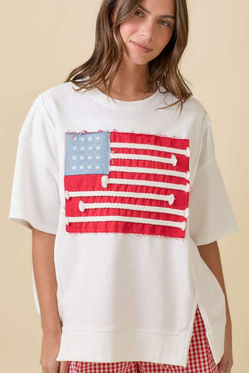 Main Strip OVERSIZED American Flag Patchwork Terry Knit Top in White