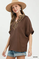 Umgee Leopard Trim Dolman Sleeve Blouse in Brown