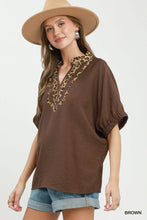 Load image into Gallery viewer, Umgee Leopard Trim Dolman Sleeve Blouse in Brown
