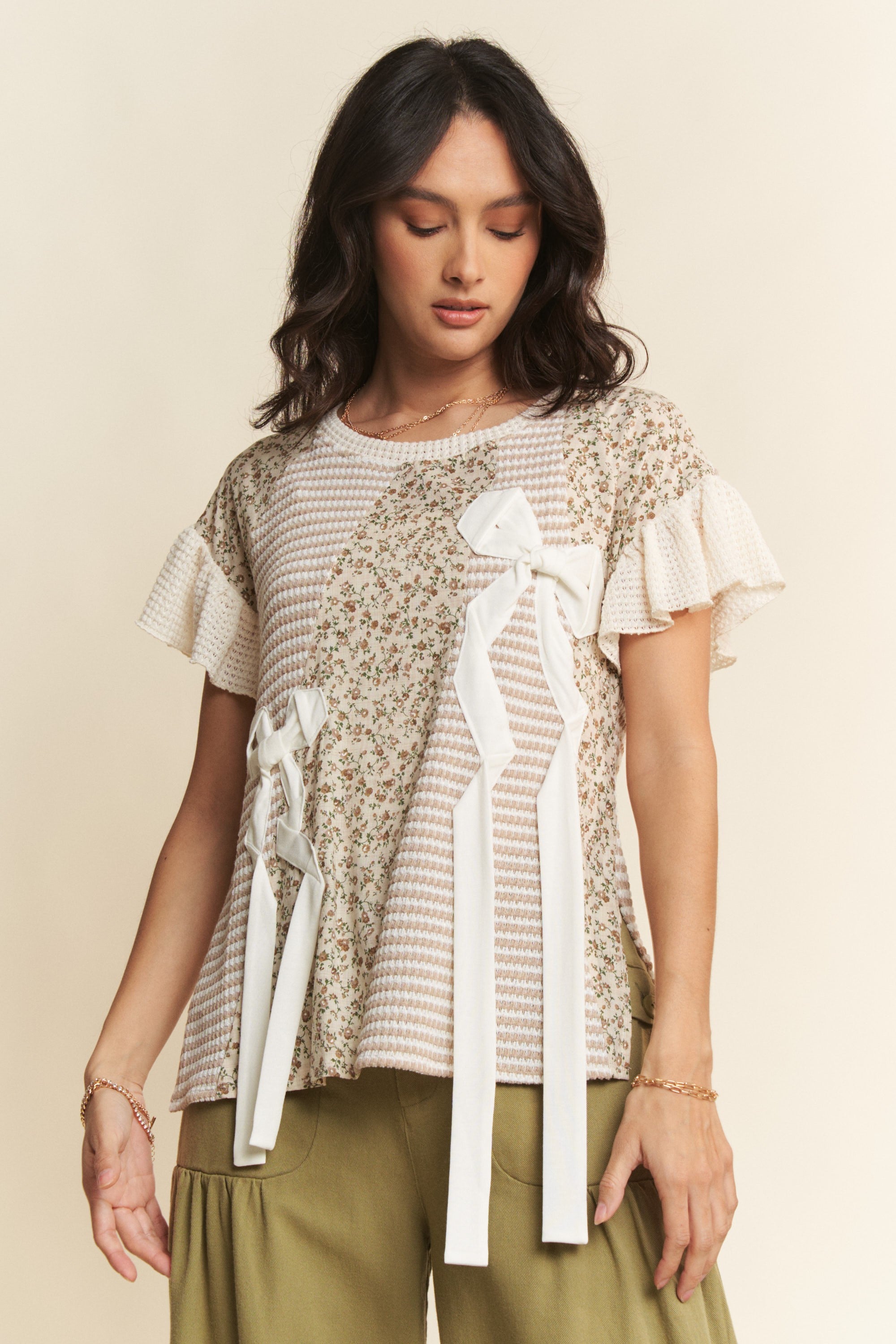 Davi & Dani Waffle Knit Color Block Mixed Print Top with Bow