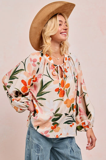 BiBi Floral Print Exaggerated Balloon Sleeve Top in Floral
