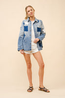 Blue B Distressed Denim Shirt with Star Print and Studded Details in Medium Wash