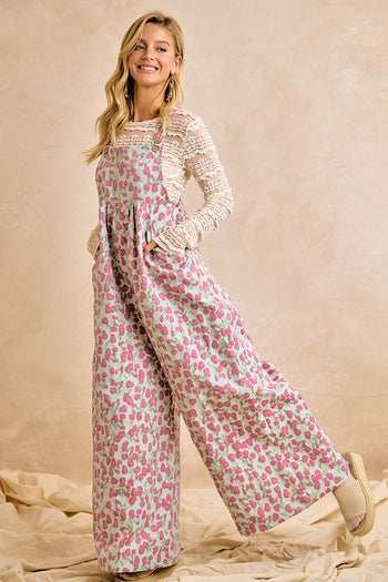 BiBi Jacquard Vintage Floral Overalls in Red