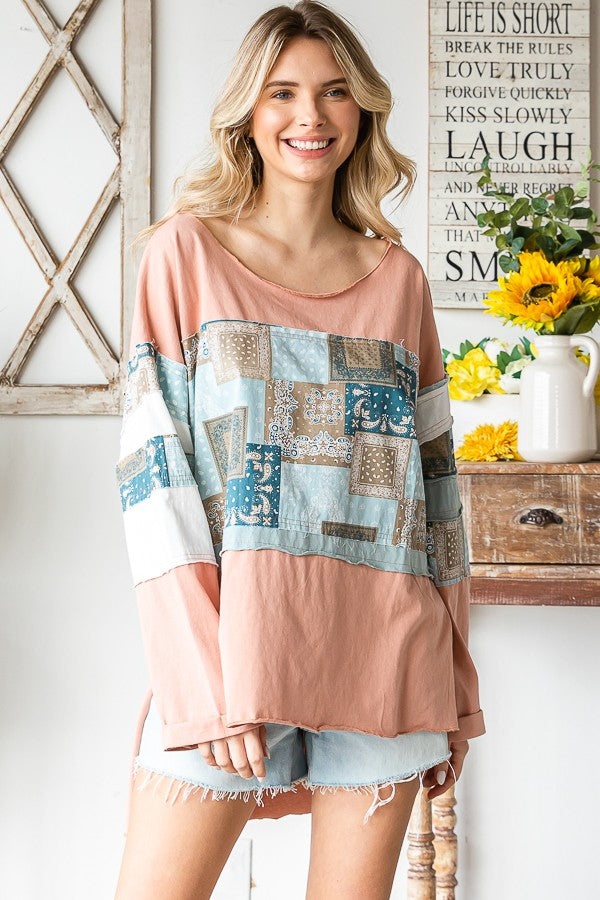 Oli & Hali Patchwork Top in Peach Combo Shirts & Tops Oli & Hali   