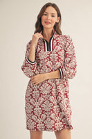 Jodifl Front Half Zip Up Baroque Floral Pattern Dress in Burgundy