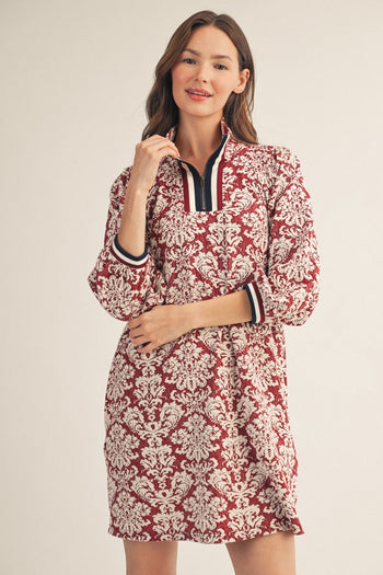 Jodifl Front Half Zip Up Baroque Floral Pattern Dress in Burgundy