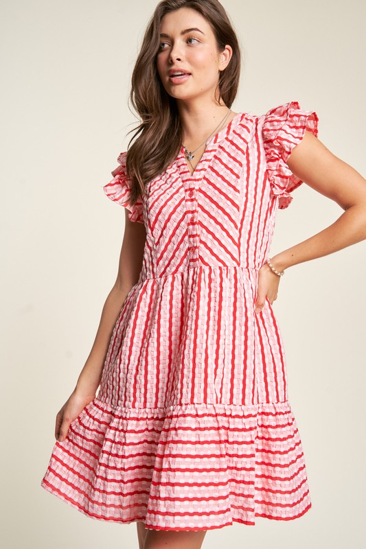 Davi & Dani Solid Geo Striped Button Front Dress in Pink Red Dresses Davi & Dani   