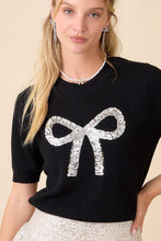 Load image into Gallery viewer, Main Strip Sweater Knit Top with Sequin Bow Front in Black
