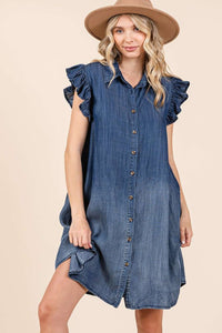 Mittoshop Chambray Mini Length Shirt Dress in Dark Denim