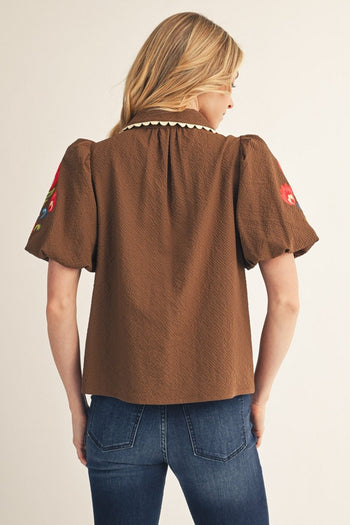 Jodifl Embroidered Textured Solid Top in Brown
