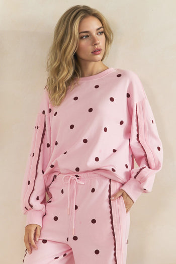 Veveret Charming Polka Dot Lounge Set in Pink/Burgundy