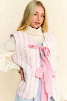Davi & Dani Padded Quilted Floral Print Vest with Bow Tie Front in Pink