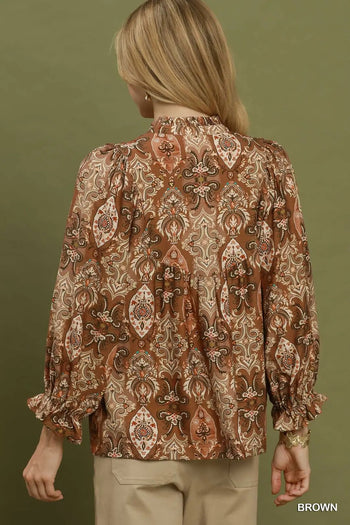 Umgee Paisley Print Lace Trim Babydoll Blouse in Brown