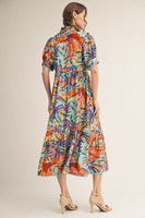 Jodifl Tropical Print Midi Dress with Scalloped Trim Detail in Aqua Blue