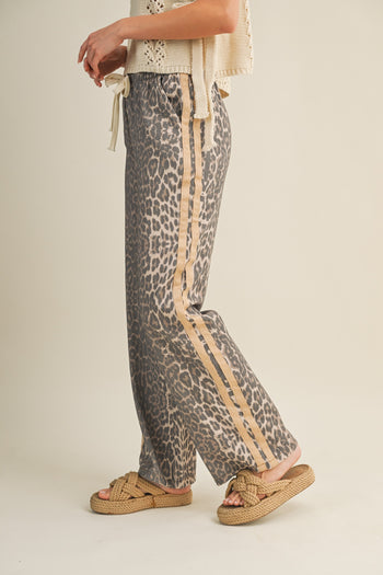 LovLov Luxe Leopard Relaxed Pants With Side Trim in Leopard/Taupe