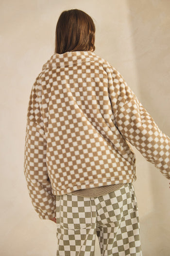 LovLov Fuzzy Fleece Checkered Jacket in Mocha