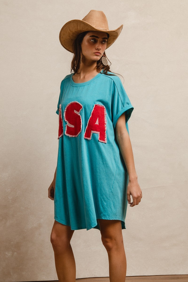 BiBi Solid Color Jersey Knit Dress with Layered USA Patched Front in V –  June Adel