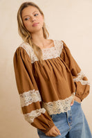 BiBi Solid Woven Balloon Sleeve Square Neck Blouse With Lace Trim in Camel