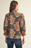 Jodifl Embroidered Smocking Detail Floral Top in Mocha