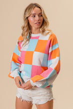 Load image into Gallery viewer, BiBi Multi-Colored Checkered Midweight Sweater in Orange/Pink/Denim
