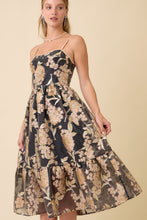 Load image into Gallery viewer, Main Strip Metallic Floral Embossed Midi Dress in Black
