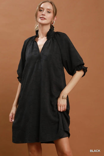 Umgee Floral Textured Jacqaurd V-Neck Dress in Black