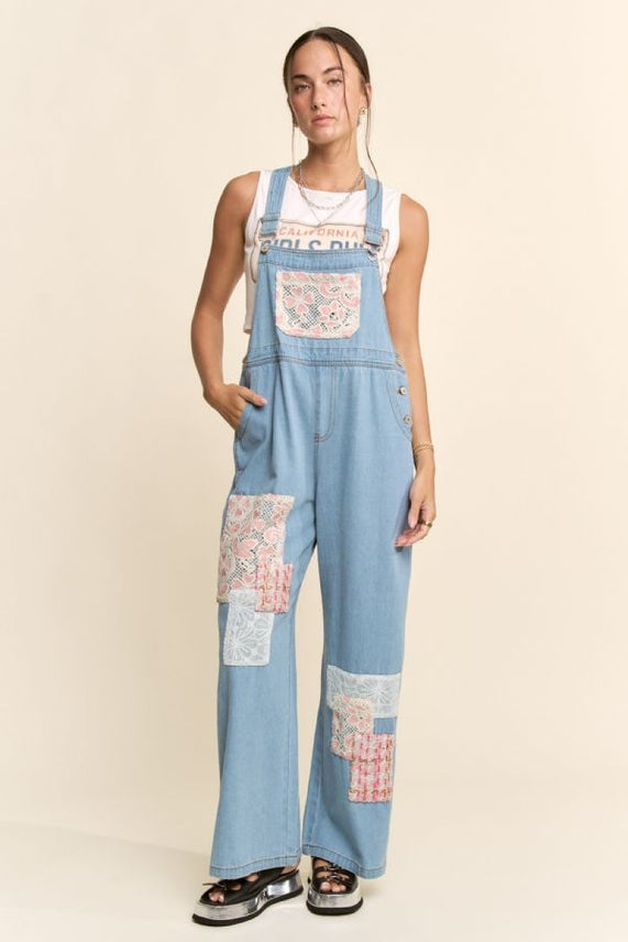 Davi & Dani Lace and Tweed Patchwork Denim Overalls in Light Denim