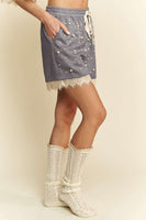 Davi & Dani Pearl Embellished and Lace Trim Shorts in Grey
