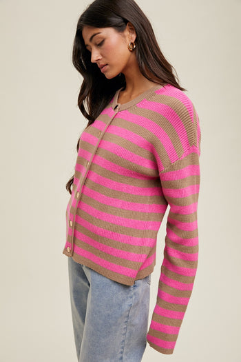 Wishlist Contrasting Color Striped Button Up Cardigan in Mocha/Punch